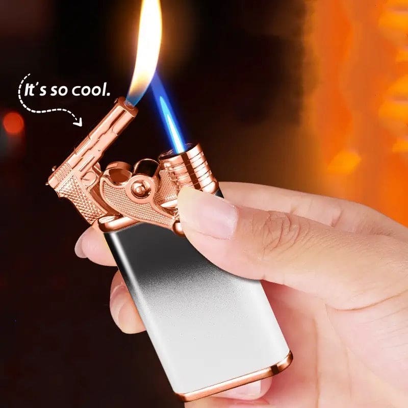 Gun Dual Flame Lighter, Rocker Arm Shape Lighter, Metal Inflatable Double Fire Lighter, Windproof Jet Turbo Lighter, Metal Double Flame Lighter, Open Fire Conversion Lighter, Creative Double Fire Flame Lighter, Butane Cigarette Lighter