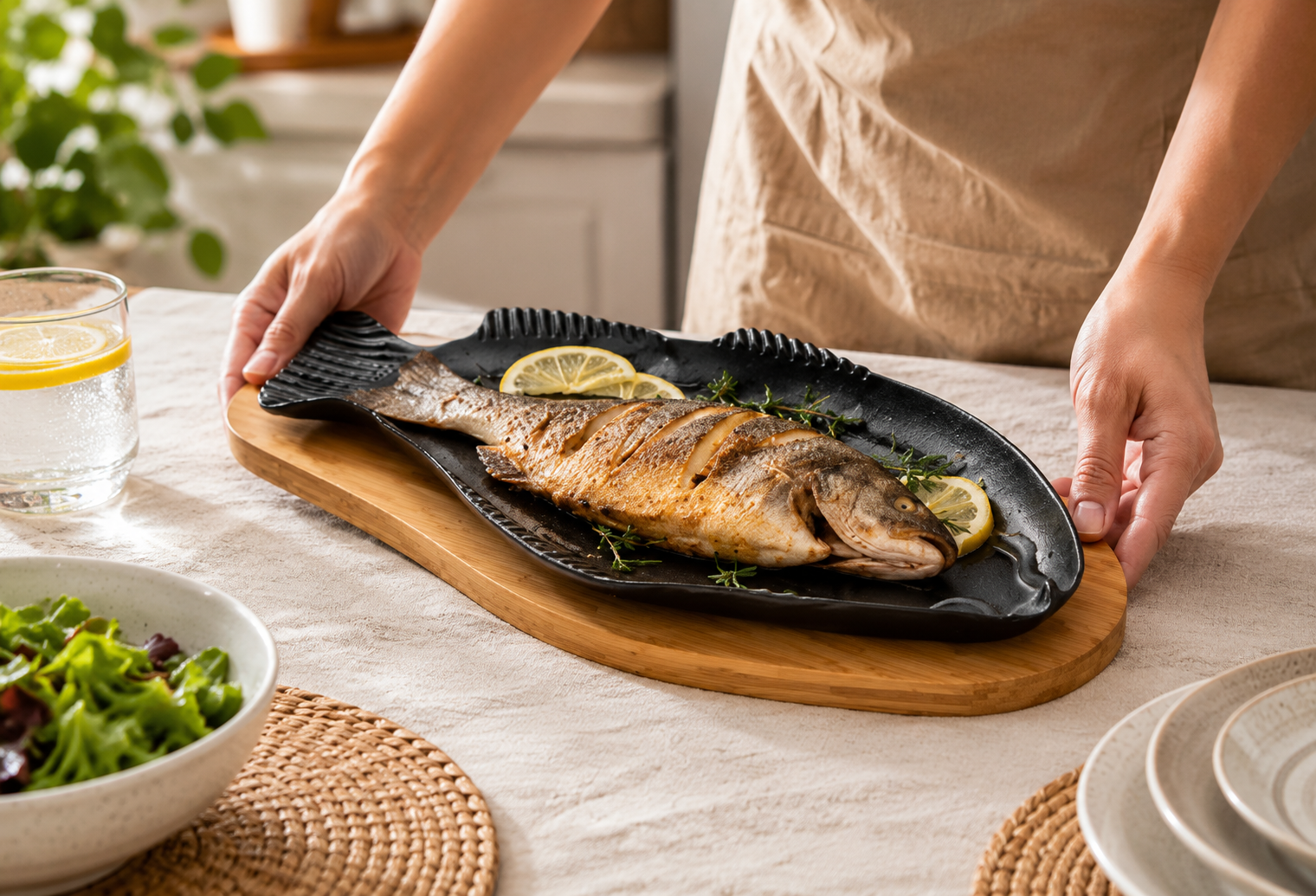 Wooden Seafood Serving Platter, Fish Shape Wooden Serving Platter, Elegant Seafood Serving Platter with Wooden Base