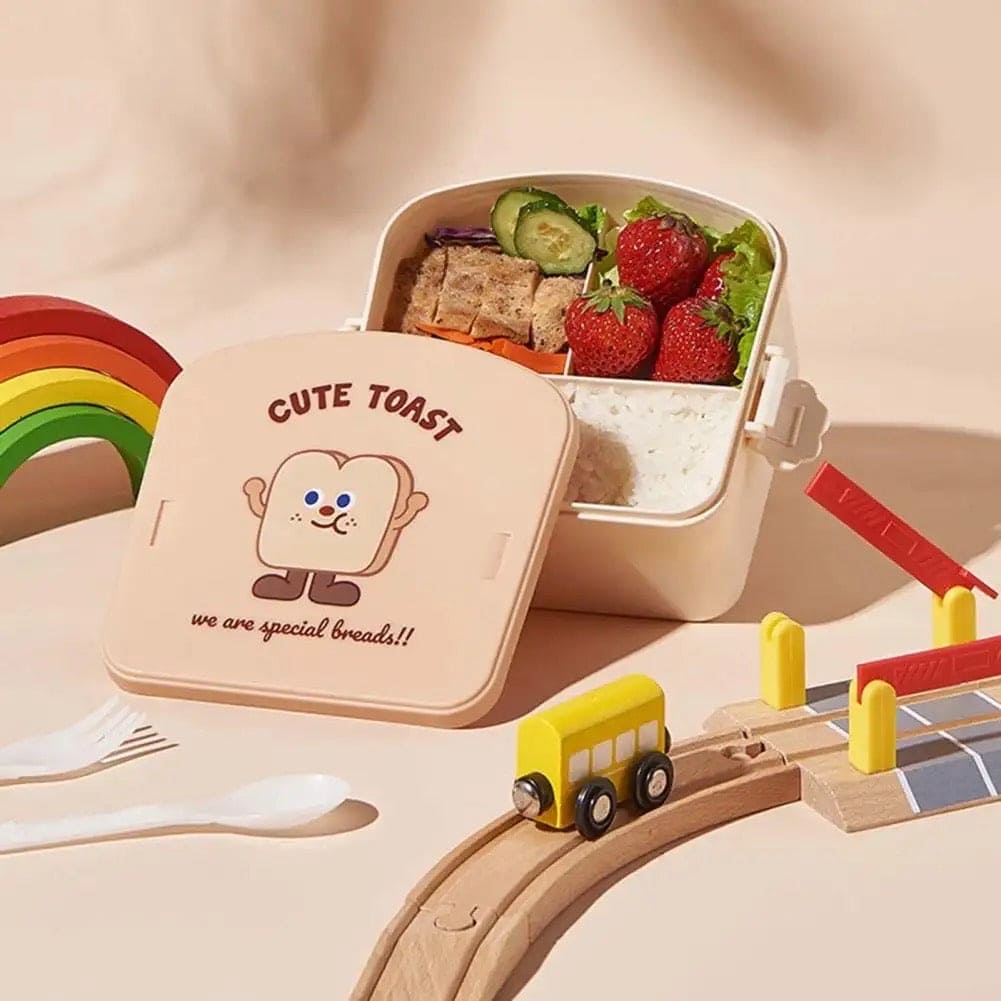 Square Toast Lunch Box, Plastic Partition Bento Box with Lid, Kids School Lunch Box, Snack Food Storage Container, 3 Grids Lunch Box with Cutlery, Cartoon Toast Pattern Students Bento Case for School Office