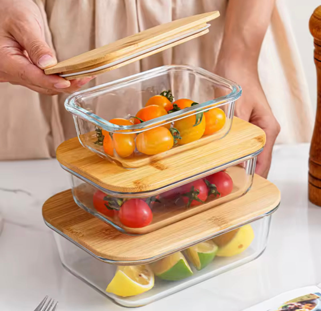 Set of 3 High Borosilicate Glass Bamboo Lunch Box, Heat Resistant Food Storage Containers With Lid, Food Storage Containers