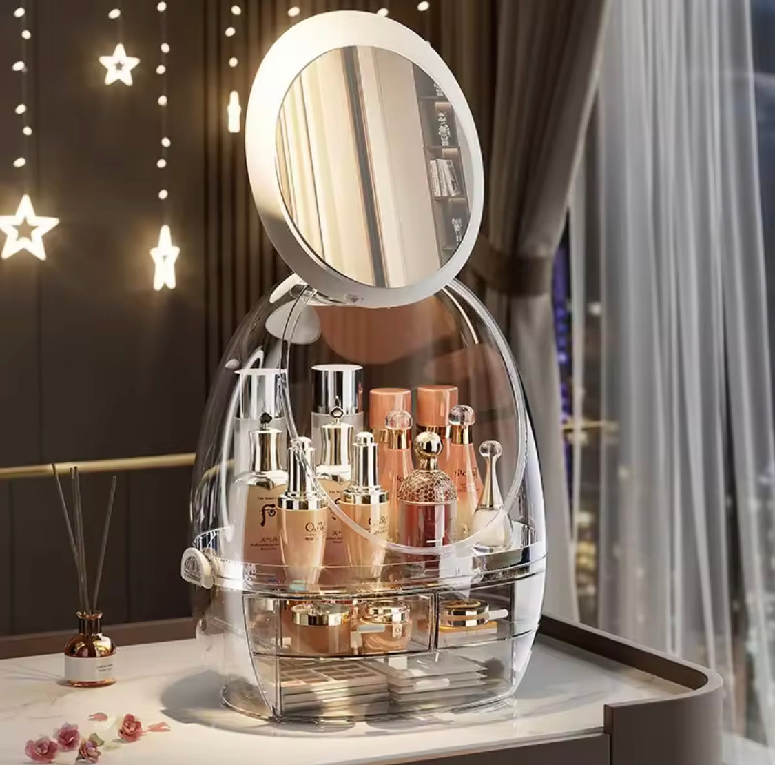 LED Makeup Organizer with Mirror And Drawers, Smart Touch LED Vanity Makeup Organizer, Transparent Makeup Organizer with 360° HD Mirror, Dust proof Cosmetic Storage Box with LED Mirror