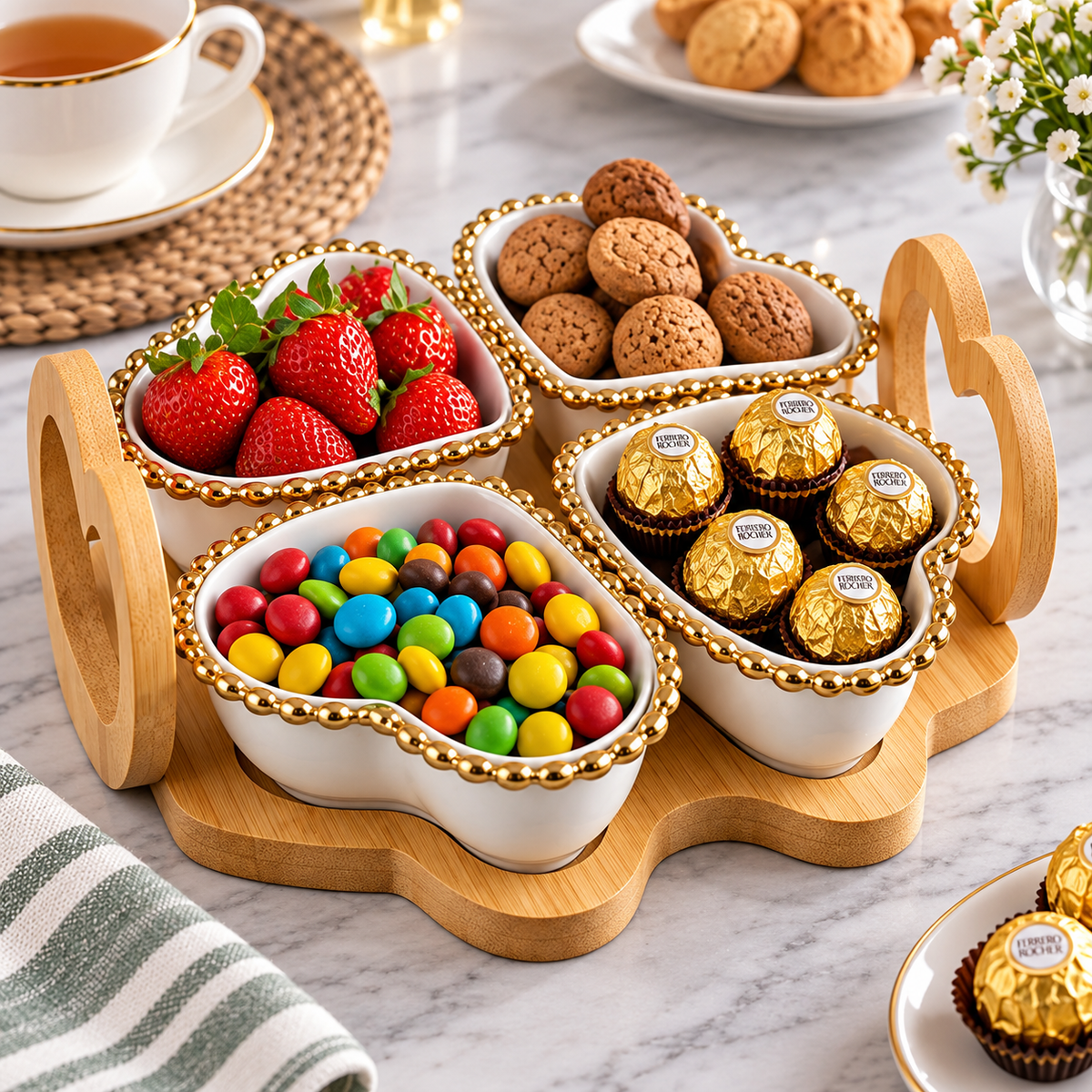 Heart Shaped Ceramic Serving Bowl Set, Elegant Gold-Trim Heart Bowl Set, Bamboo Heart Serving Tray with Ceramic Bowls