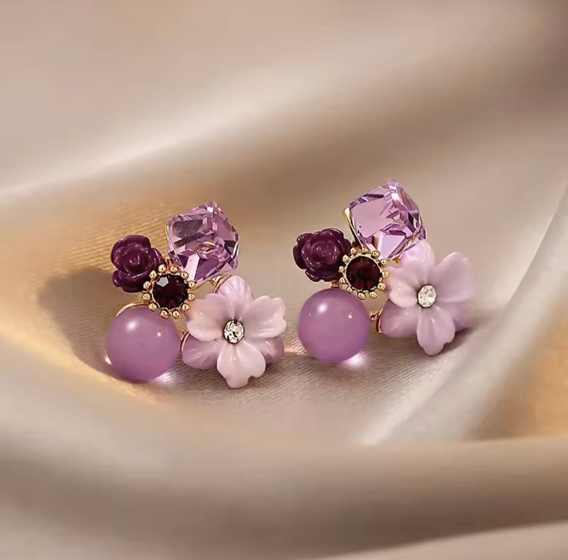 Crystal Purple Flower Beads Stud Earrings, Small Simple Earrings, Jewellery Accessories