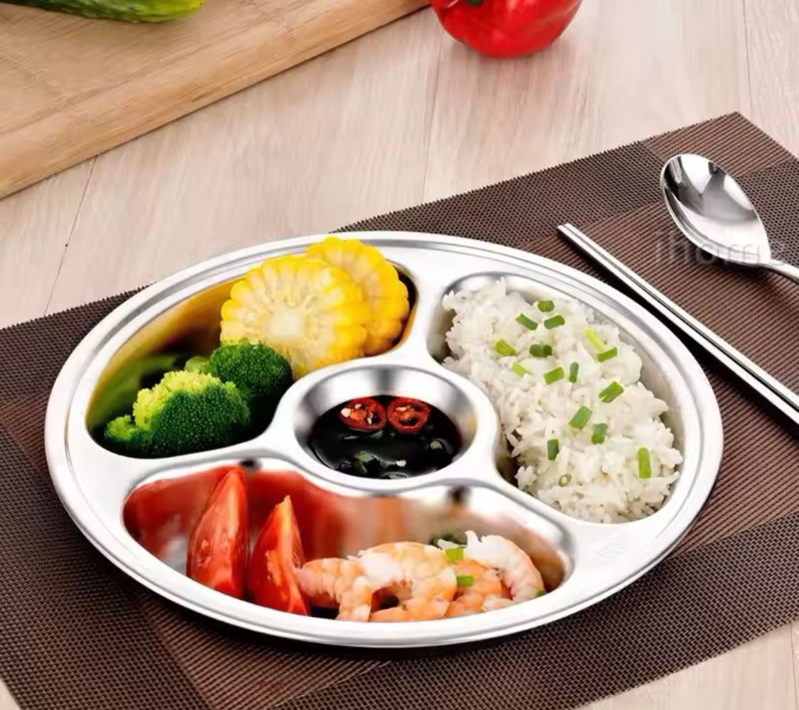 Stainless Steel Round Divided Dinner Plate, Stainless Steel Slow Feeding Bowl, Stainless Steel Snack Plate