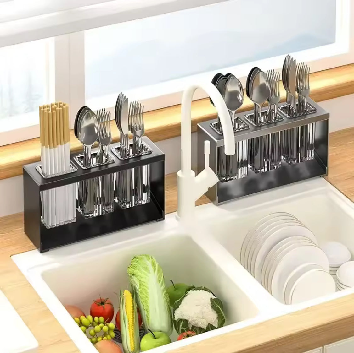 Acrylic Cutlery Holder With Metal Stand, Multi Grid Kitchen Cutlery Storage Organizer, Makeup Brush Organizer, Bathroom Toiletries Holder