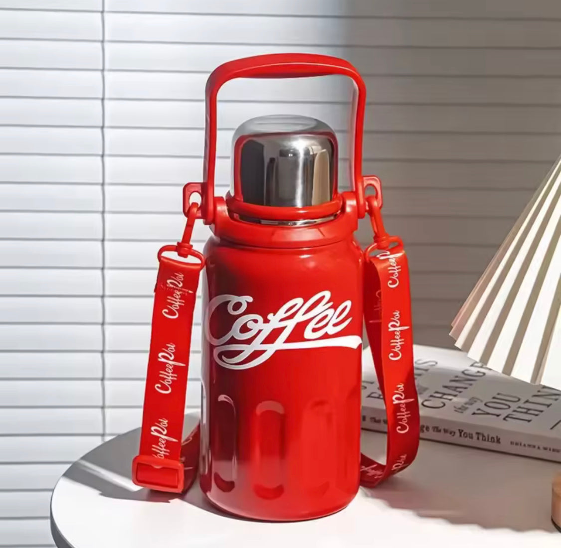 Coke Style Large Capacity Thermos, Stainless Steel Strap Water Bottle, Portable Insulated Water Bottle