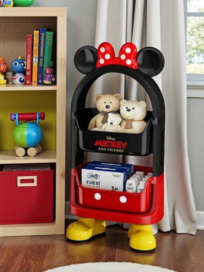 2 Tier Kids Disney Mickey Toy And Storage Trolley, Multi Purpose Kids Storage Cart with Wheels,     Children Rolling Storage Organizer