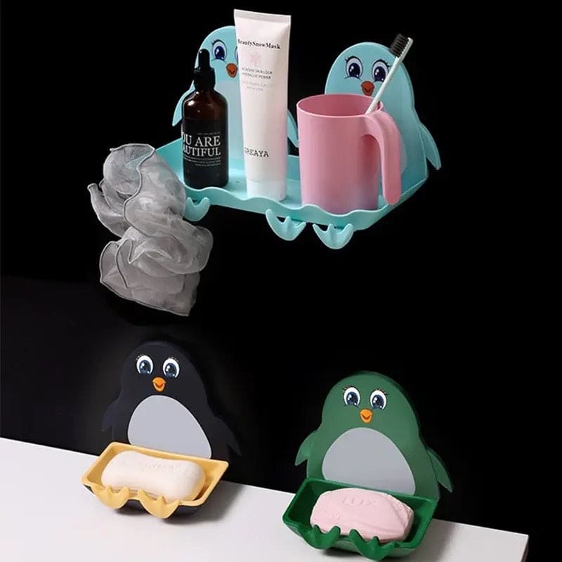 Cute Penguin Soap Box, Penguins Shape Soaps Box with Hook, Cute Drain Toilet Free Punch Shelf Soap Box, Bathroom Soap Case, Dormitory Bath Soap Dish