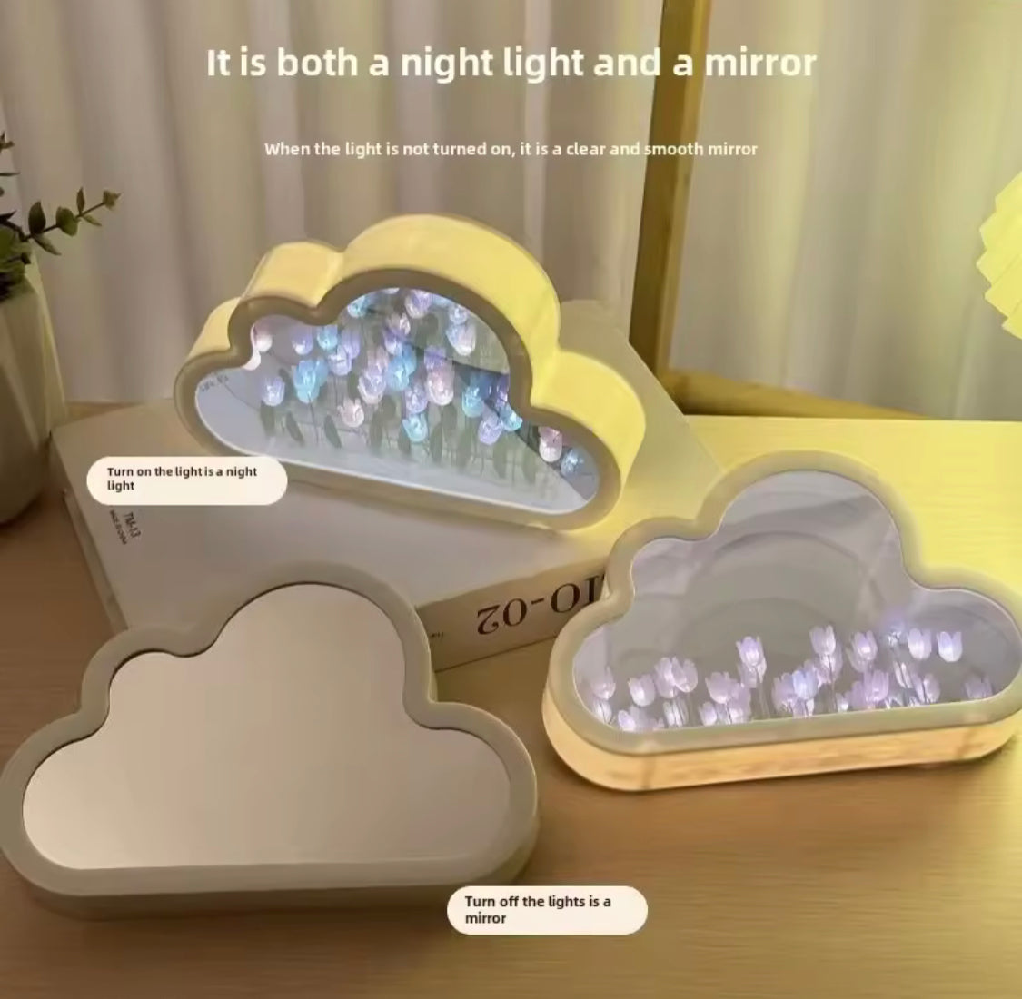 Cloud Shape Tulip Flowers Night Light, Bedroom Decor Mirror Table Lamp, Clouds Tulip Atmosphere Lamp