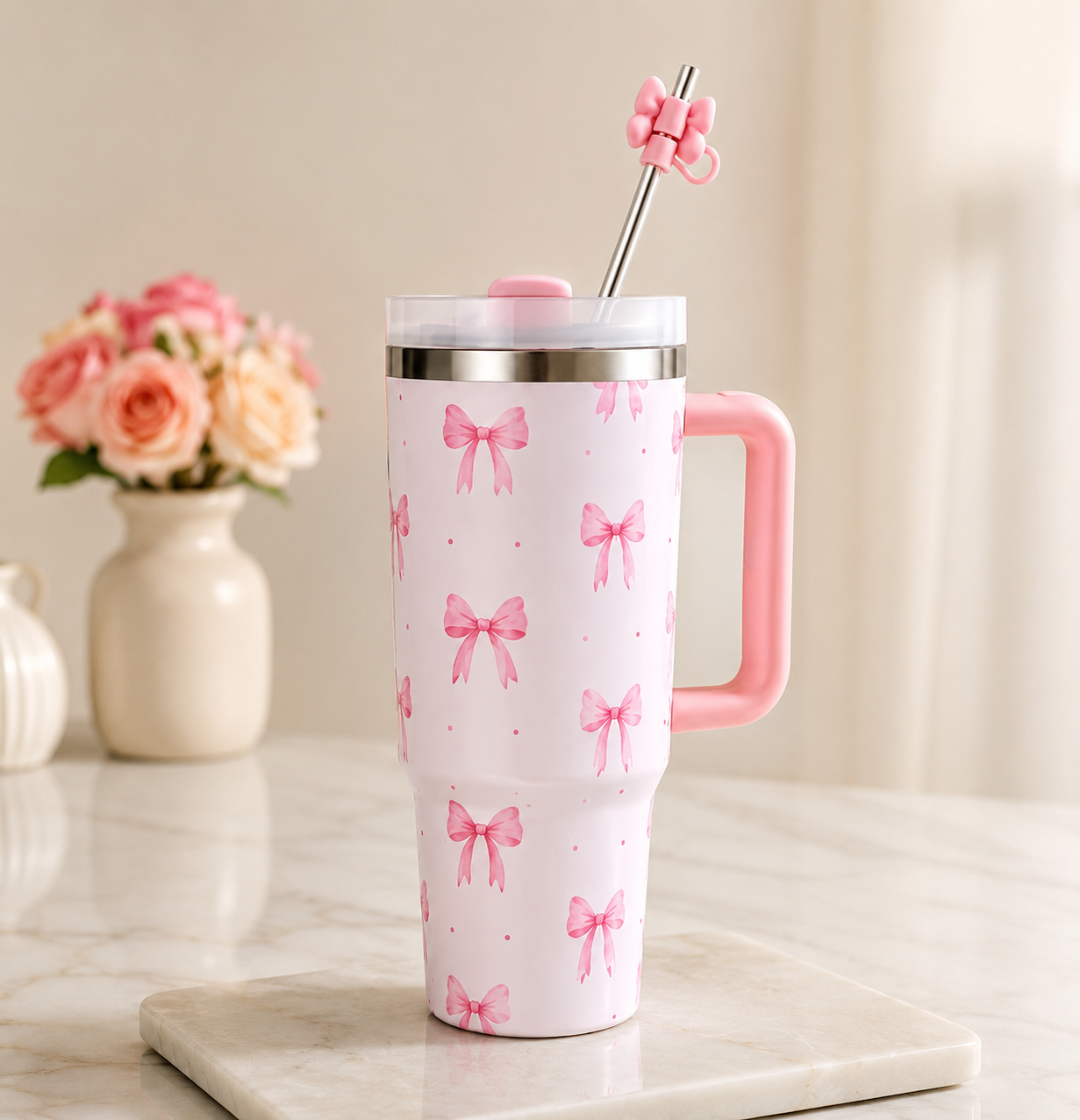 1200ml Bow Design Insulated Tumbler, Cute Bow Print Stainless Steel Tumbler, Cute Girly Bow Print Thermal Cup, Bow Pattern Thermal Travel Mug