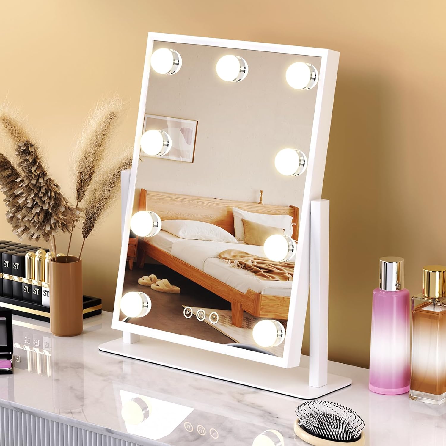 Smart Touch Vanity Mirror with Lights, Vanity Makeup Mirror with 3 Dimmable LED Bulbs, Rotatable Dressing Tabletop Mirror