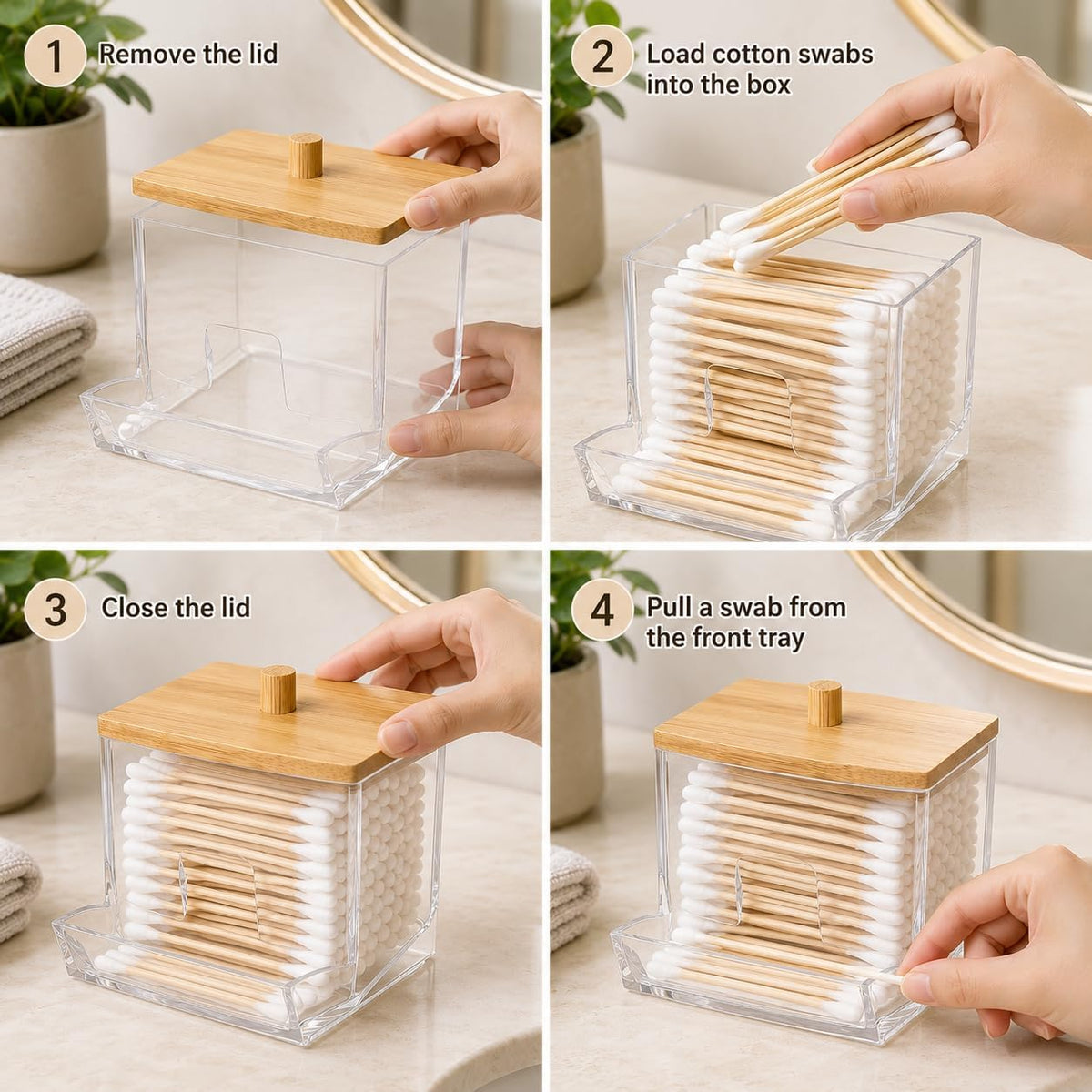 Acrylic Cotton Swab Holder with Bamboo Lid, Transparent Cotton Swab Dispenser, Decorative Cotton Bud Storage Container