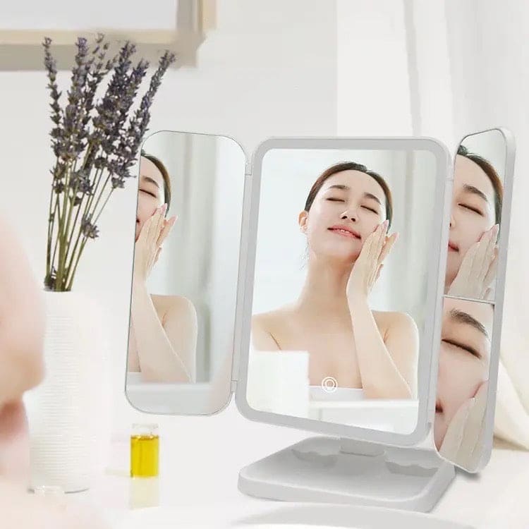 Trifold Makeup LED Mirror, Dorm Dressing Mirror Beauty Light, Smart Complementary Makeup Mirror, Tabletop Small Makeup Decorative Mirror Desk Led, Touch Screen Portable Table Cosmetic Mirror for Travel Cosmetic Office