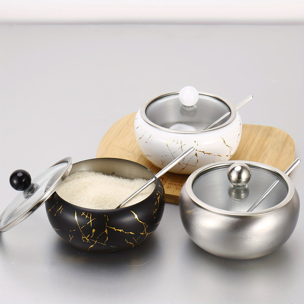 Marble Design Condiment Pot Spice Container, Stainless steel Seasoning Jar With Spoon