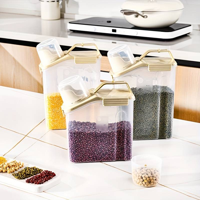 Cube Rice Storage Box, Kitchen Sealed Food Container, Transparent Grain Storage Tank, Food Storage Container with Pouring Spout And Measuring Cup Lid, Kitchen Pantry Organizer