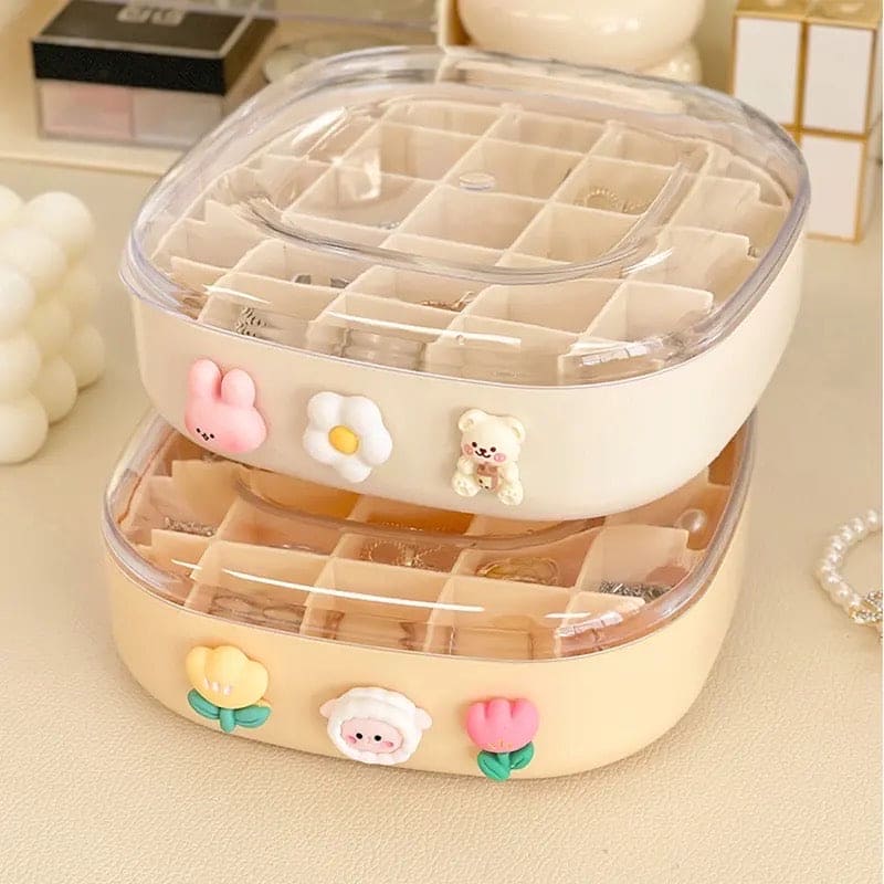 Cute Double Layer Mesh Jewelry Box, Portable Earrings Ring Necklace Storage Box, Modern Multi Grid Ring & Necklace Storage Box For Home