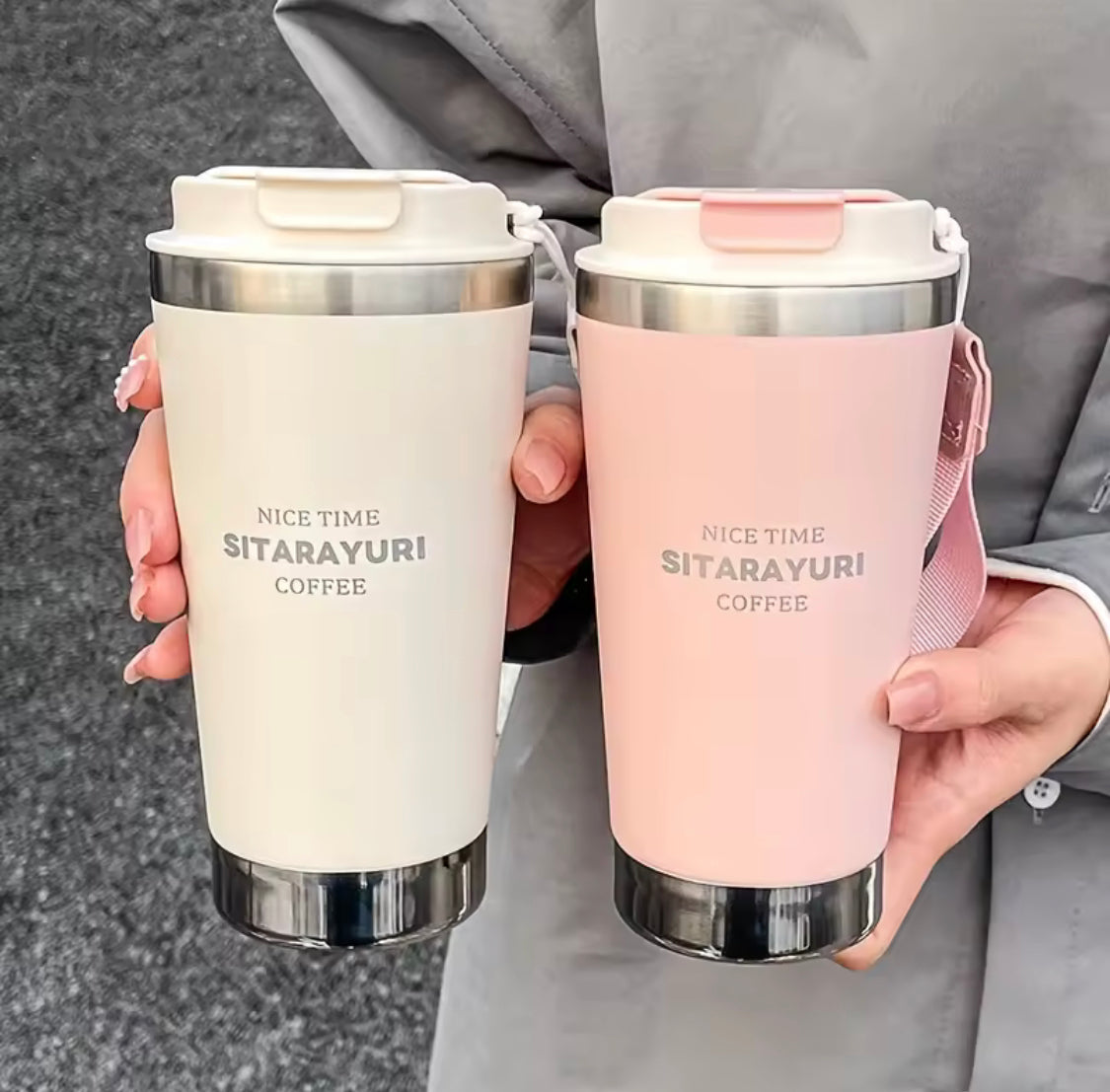 500ML Hot and Cold Water Bottle With Strap, Stainless Steel Coffee Mug, Stainless Steel Vacuum Flask With Straw, Leak Proof Coffee Tumbler