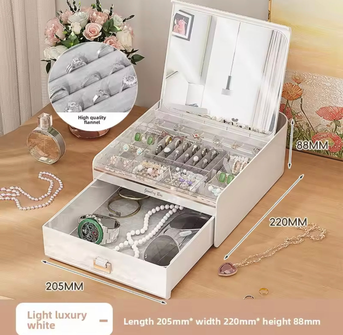 Multi Compartment Jewelry Storage Box with Mirror, Vanity Jewelry Organizer with Drawer & Mirror, Double Layer Jewelry Storage Box