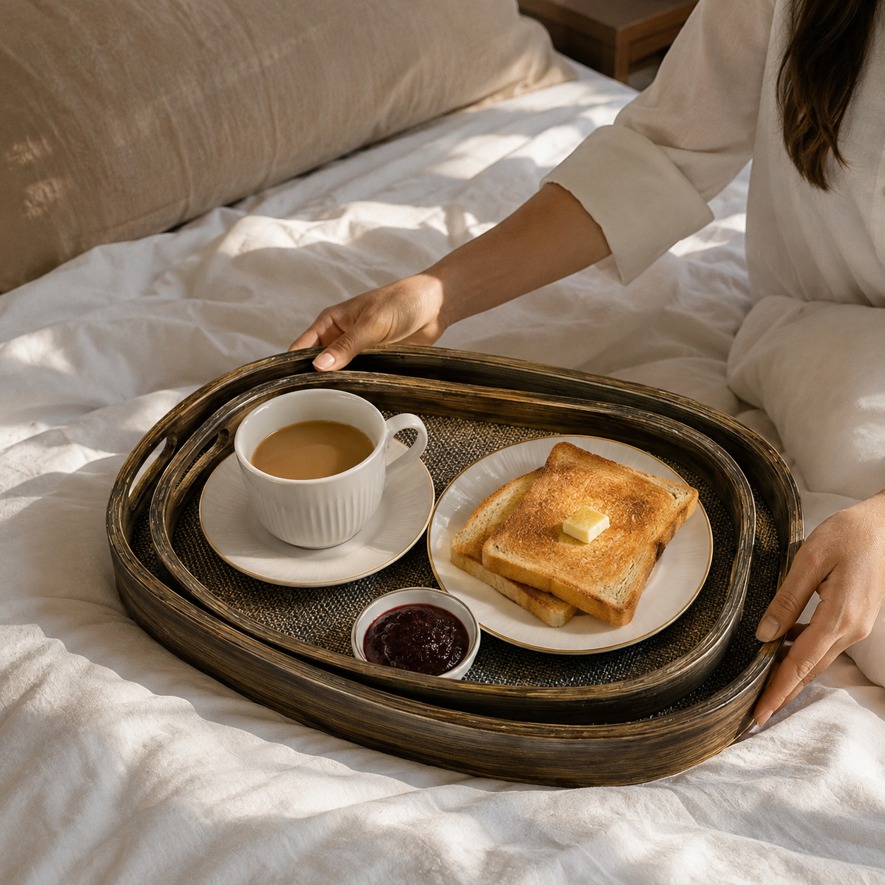 3pcs Classic Wooden Serving Tray Set, Handcrafted Style Woven Tray Set, Elegant Wooden Breakfast & Serving Trays