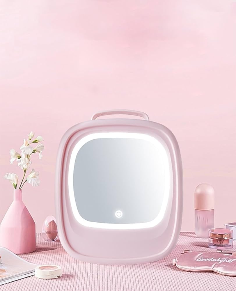Portable Mini Fridge For Skin Care, Cosmetic Refrigerator With Mirror And LED, Mini Table Top Skin Care Fridge