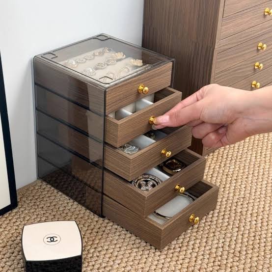 5 Tier Wooden Jewelry Organizer Box with Drawers, Transparent Acrylic and Wood Jewelry Storage Box, Multi Tier Jewelry Organizer Cabinet for Women