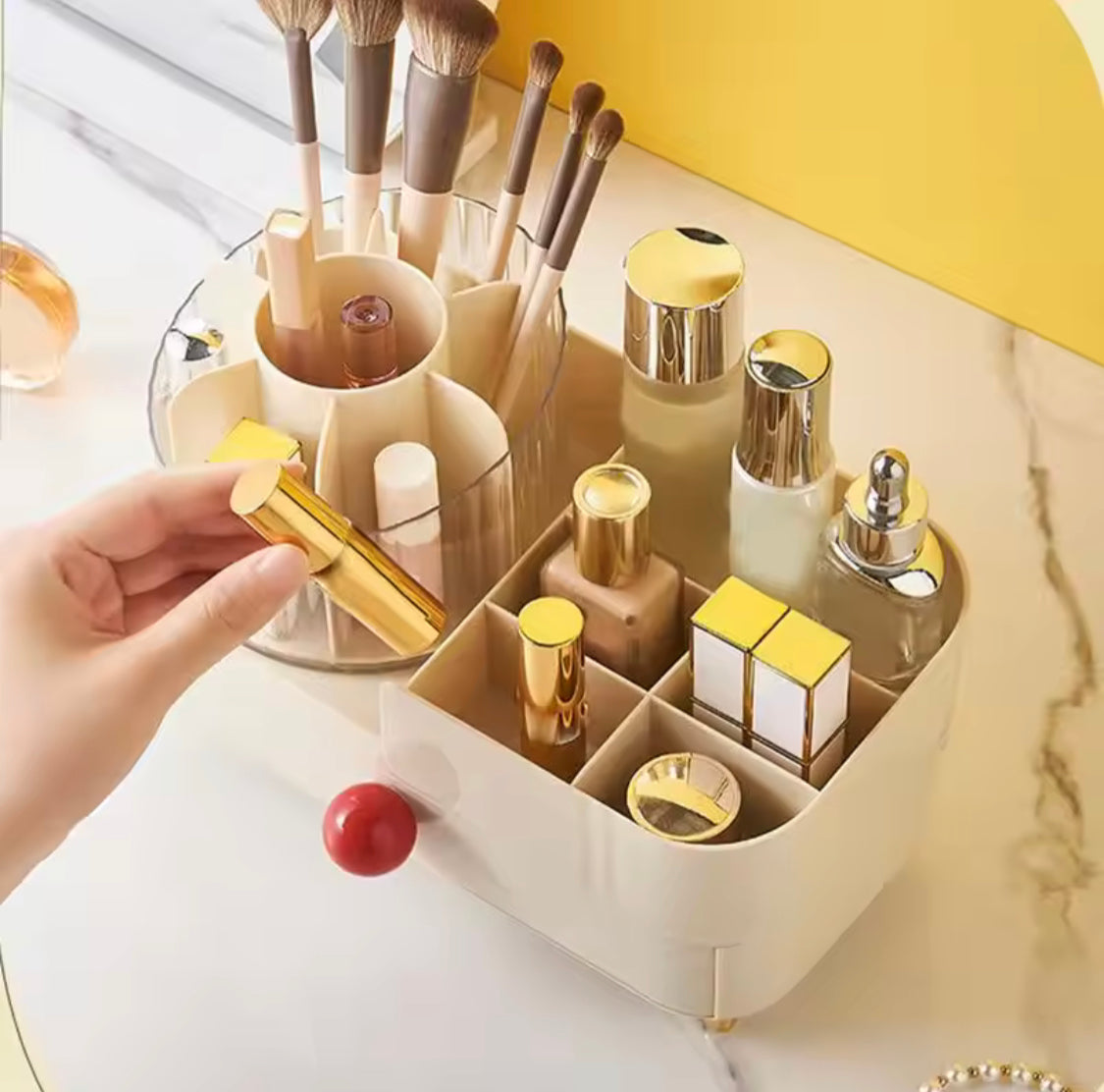 Cosmetic Storage Holder With Rotating Makeup Brush Holder, Makeup Brush Holder With Drawer, Lipstick and Eyebrow Pencil Holder, Makeup Sundries Storage Organizer