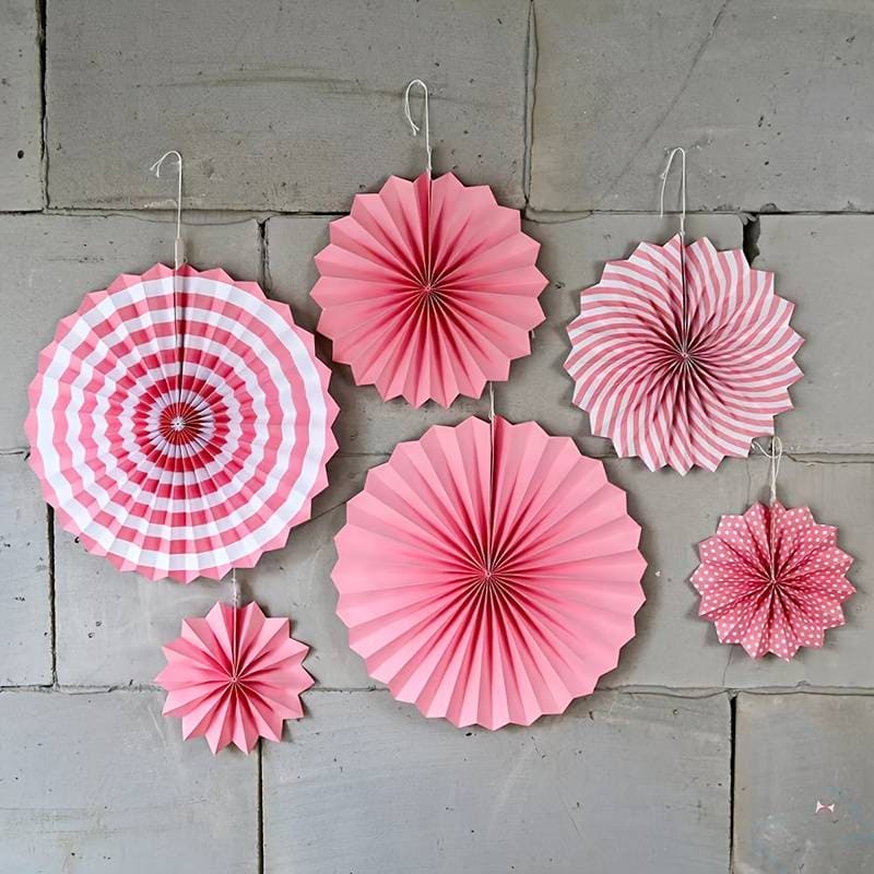 Set Of 6 Unicorn Paper Fan Flower, Chinese Style Red DIY Fan Flower Hanging Paper, Background Wall DIY Paper Flower Fan, Origami Fan DIY Party Supplies, Flower Round Pattern Paper Garlands Party Props