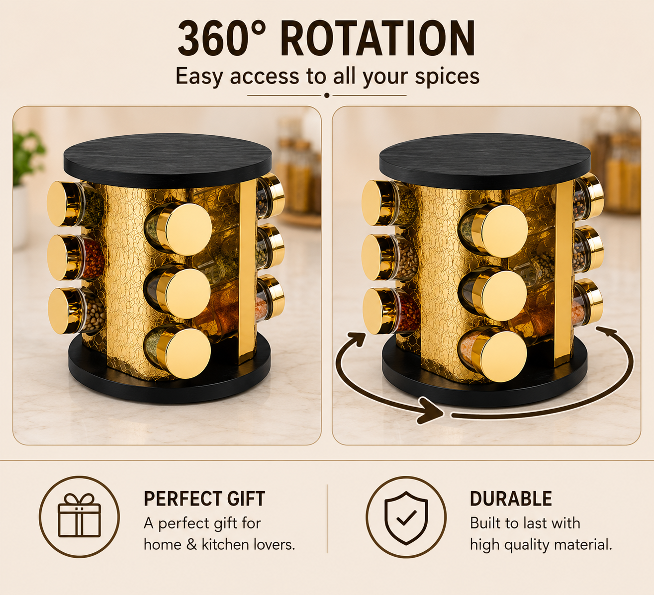 Space Saving 360° Spice Carousel Organizer, Revolving Spice Rack,     Countertop Spice Rack with 12 Glass Jars, Modern Spice Display Stand, Kitchen Essentials Spice Organizer