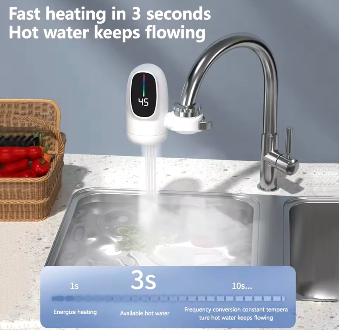 Digital Display Kitchen Faucet Adapter, 3000W Kitchen Electric Water Heater Tap, Tankless Instantaneous Water Heater