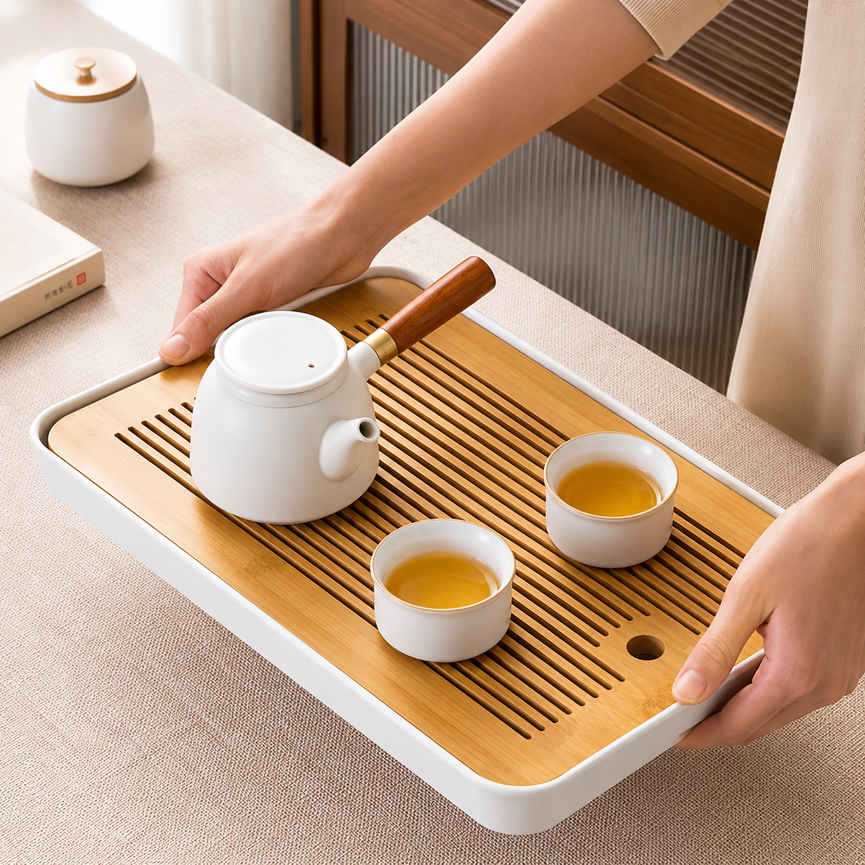Wooden Kitchen Dish Drying Rack with Water Tray, Wooden Dish Drainer with Removable Water Tray, Bamboo Style Dish Drying Tray