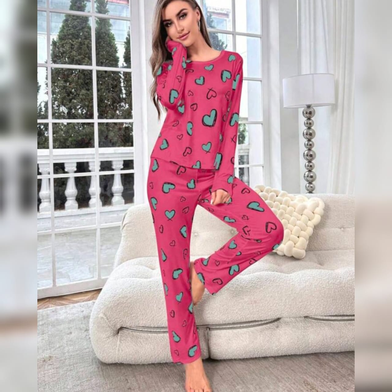 Casual Heart Print Pajama, Women's Pajama Sleepwear