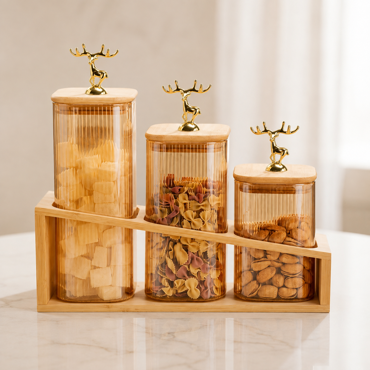 Luxury 3pcs Deer Handle Glass Storage Jar Set, Decorative Ribbed Glass Storage Jars With Rack,     Elegant Deer Knob Storage Jar Set