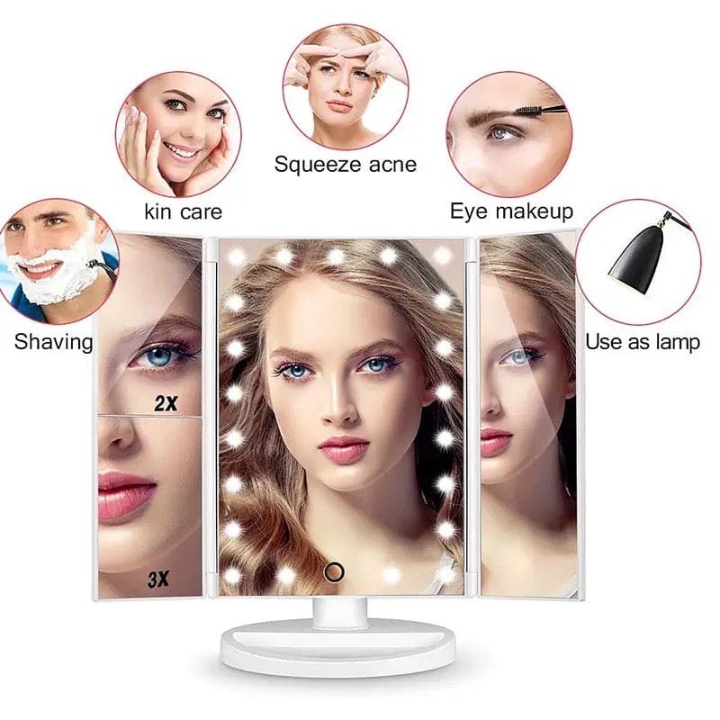 LED Zooming Mirror, 22 LED Light Makeup Mirror, Magnifying Cosmetic Mirror, 180 Rotation Adjustable Touch Dimmer Table Makeup Mirrors, Tri Fold Makeup Mirror, Smart Complementary Makeup Mirror, Vanity Dimmer Beauty Table Mirror