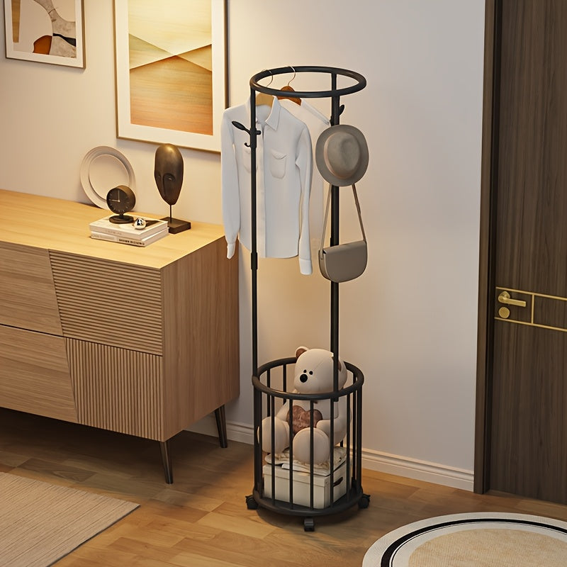 Nordic Rolling Coat Stand with Storage Basket, Multipurpose Garment Rack with Wheels, Space Saving Coat Rack with Storage Basket