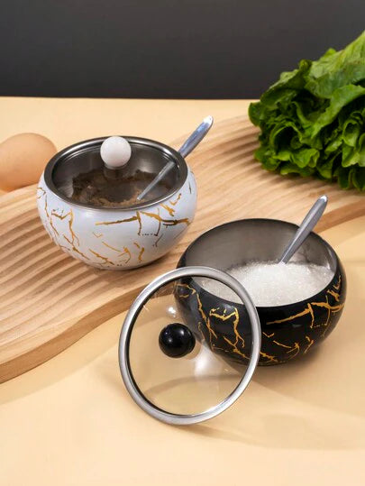 Marble Design Condiment Pot Spice Container, Stainless steel Seasoning Jar With Spoon