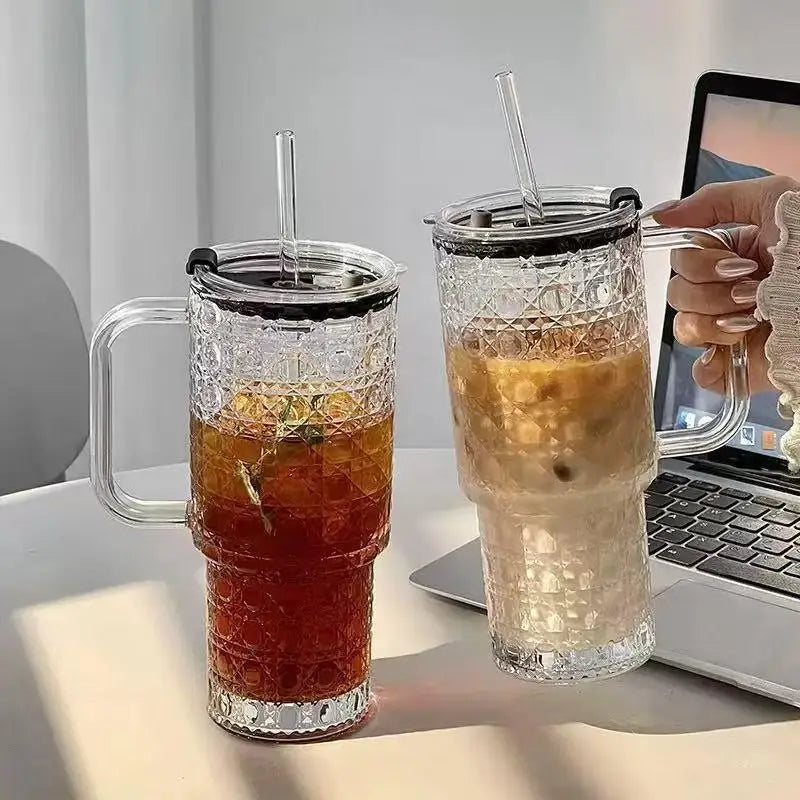 Durable Transparent Glass Water Cup With Handle, Diamond Pattern Glass Drinking Cup, Portable Large Capacity Glass Straw Cup