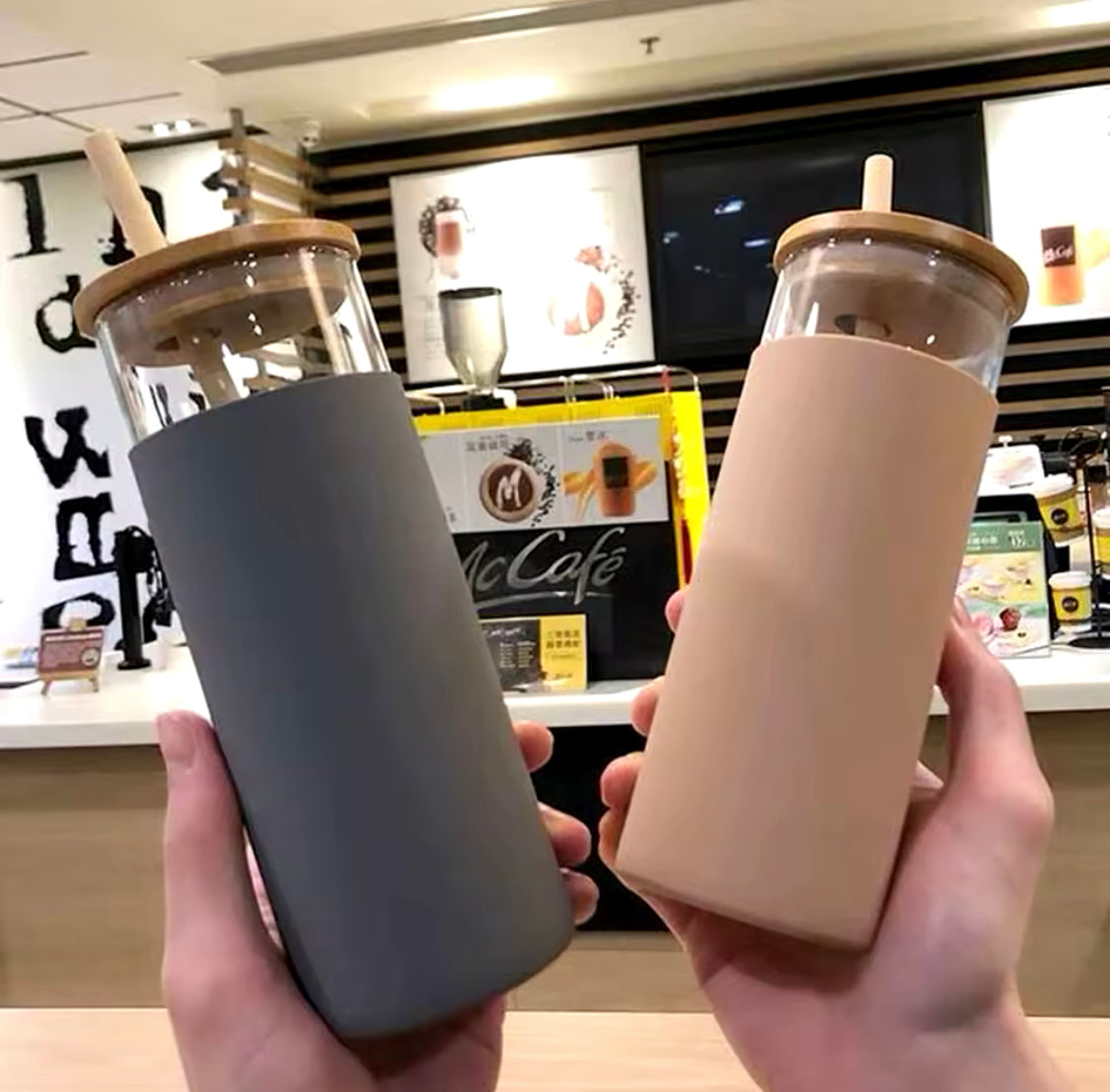 500ML Tumbler Glass Water Bottle, Silicone Bamboo Glass Cup with Straw, High Borosilicate Glass Water Bottle