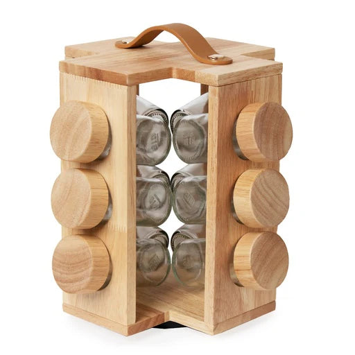 Rotatable Wooden Spice Jar With Handle, Kitchen Masala Rack with Jars Set, Spice Jar Stand, Kitchen Storage Organizer