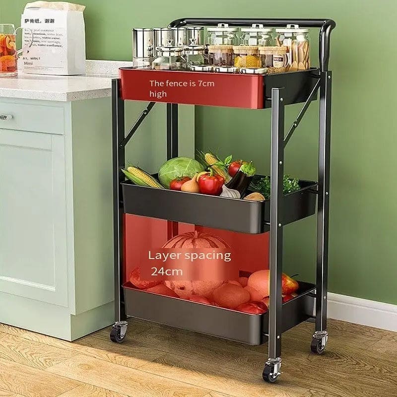 3 Tier Flexible Food Trolley, Home Snack Vegetables Storage Rack with Wheels, Multifunctional 3 Tier Storage Cart, Folding Kitchen Shelves, Plastic & Stainless Steel Storage Cart