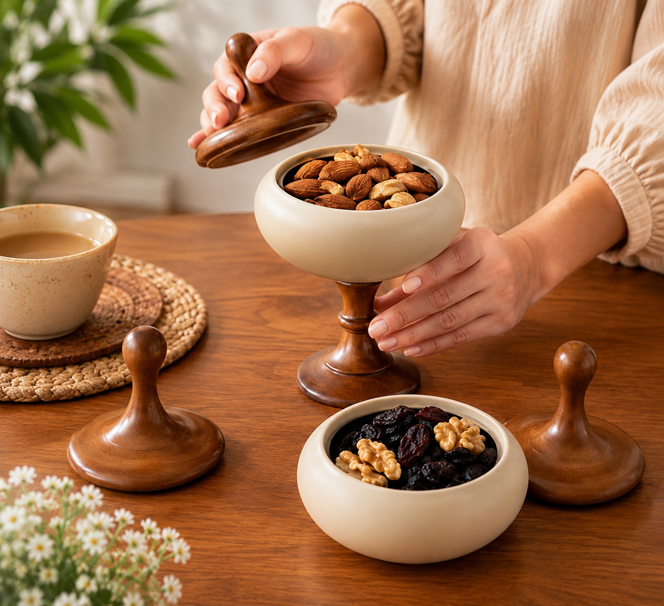 Heritage Wood And Ceramic Bowl, Royal Pedestal Dry Fruit Bowl, Classic Tabletop Nut Bowl