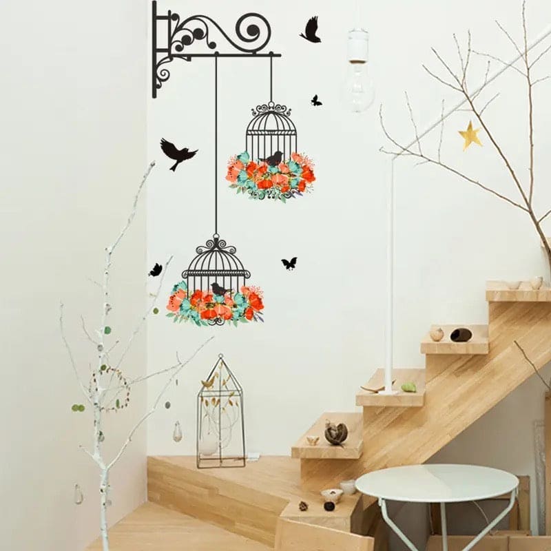 Bird Cage Wall Sticker, Household Colorful Flower Bird Cage Wallpaper, Home Decor Living Room Decals Sticker, Wall Art Decorative Wall Stickers, Self Adhesive Murals Wallpaper, Living Room Wall Stickers, Vinyl Wall Decals Wall Sticker