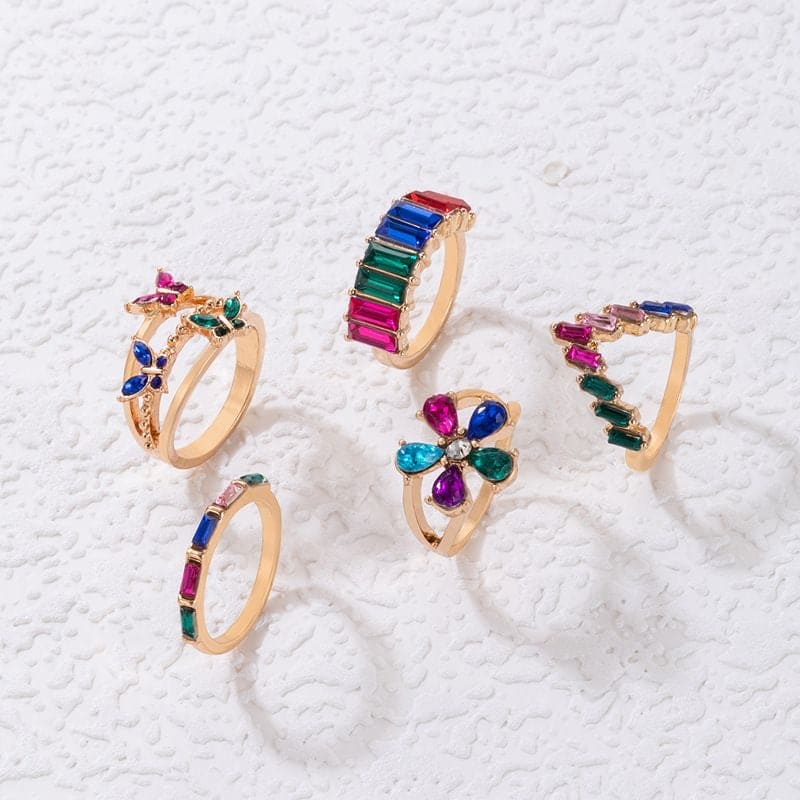 Set Of 5 Colorful Crystal Geometric Rings, Butterfly Flower Charm Finger Ring, Crystal Stone Inlaid Brick Ring Set for Women, Multicolor Stone Butterfly Ring Set