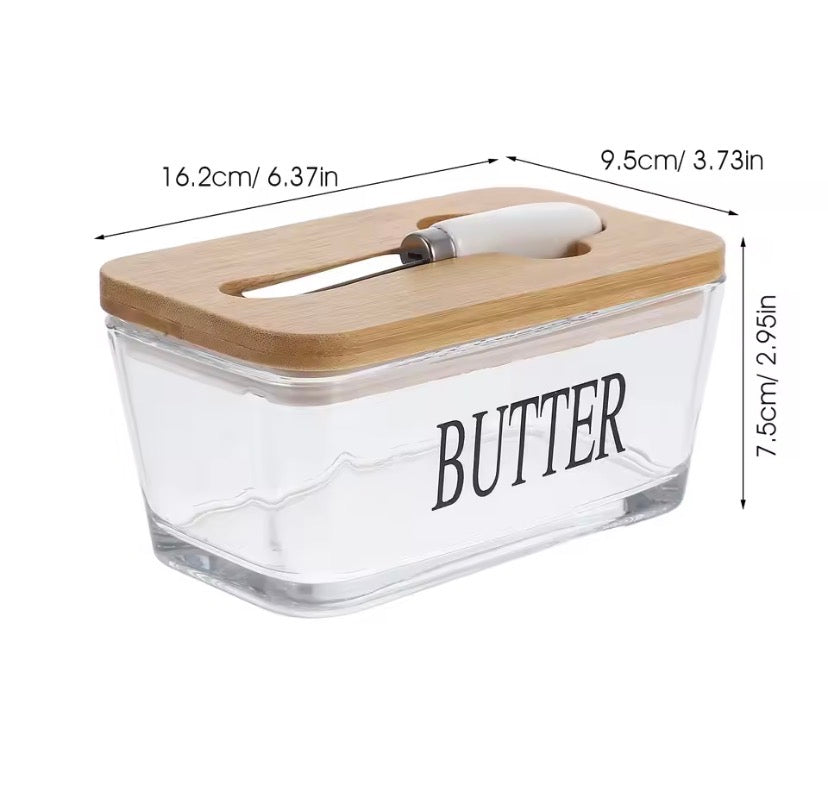 Glass Butter Box with Bamboo Lid And Knife Holder, Butter Keeper Glass Container, Glass Butter Box with Wooden Lid