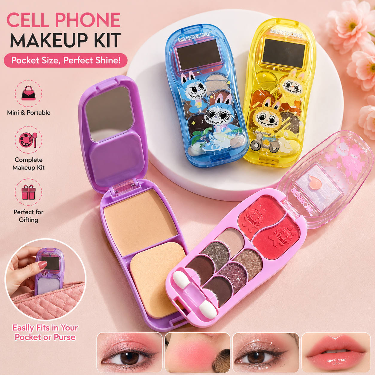 Cute Flip Phone Makeup Kit, Mini Makeup Phone Palette, Glam Phone Beauty Kit, Sparkle Phone Beauty Kit