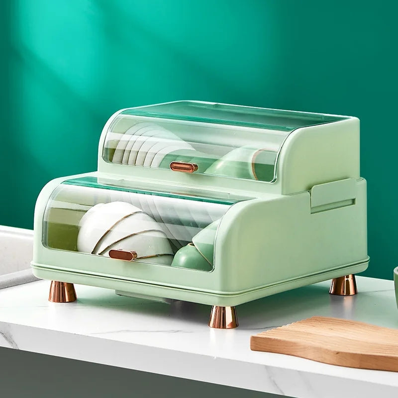 Double Layer Kitchen Dish Rack with Lid, Dustproof Dish Rack Organizer, Kitchen Dish Drying Rack, Multifunctional Storage Organizer