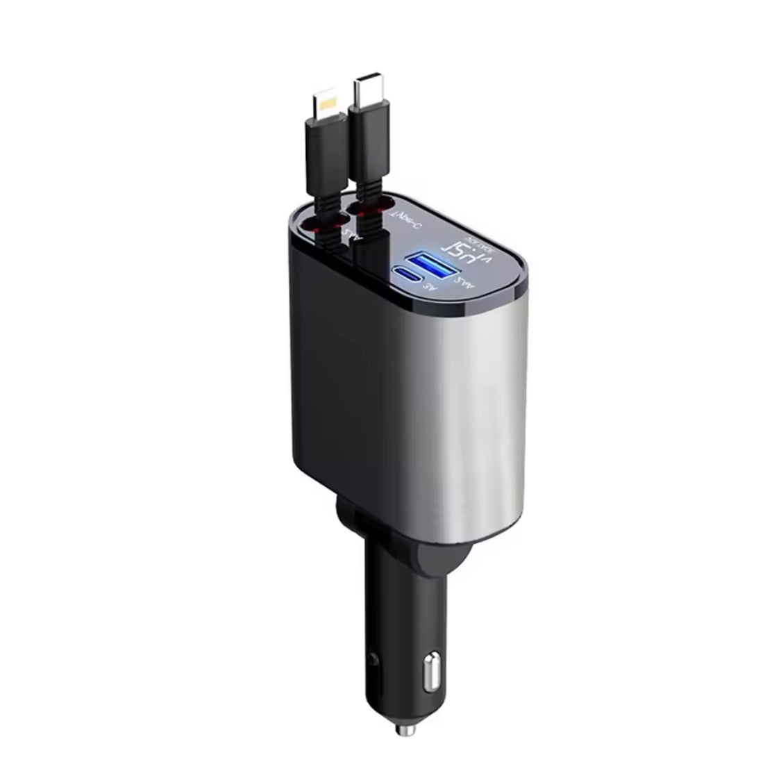 120W Retractable Car Charger, 4 in 1 USB Fast Charger, Type C/iPhone Cable Car Charger, 4 in 1 Power Adapter, 2 USB Ports Car Charger