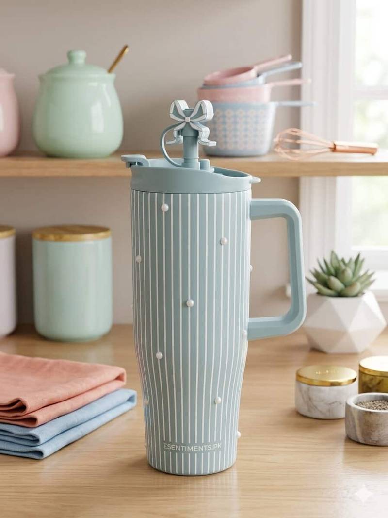 PearlMist 40oz Insulated Tumbler,     Cute Ribbon Style Thermal Cup, Large Capacity Aesthetic Water Cup with Handle