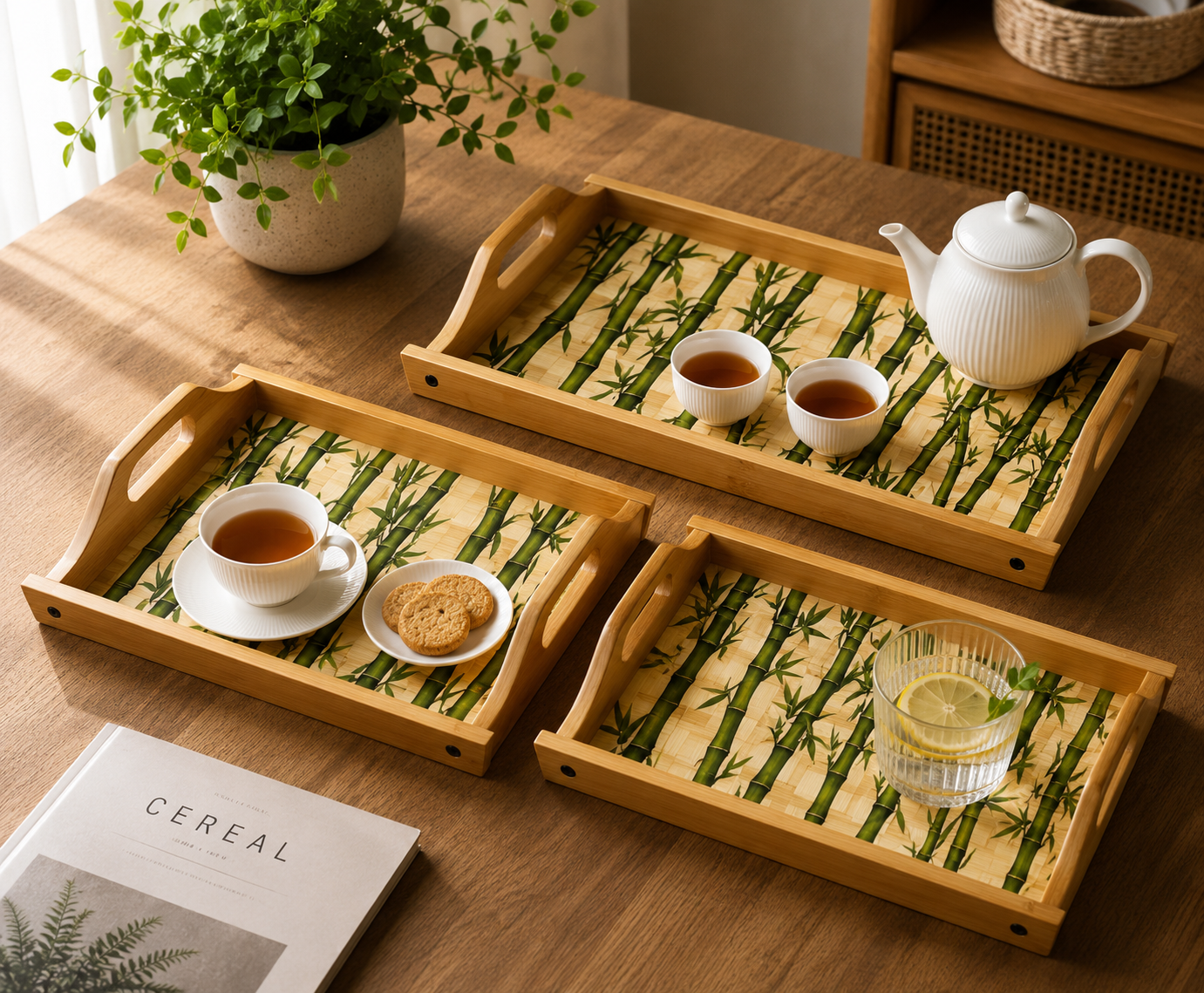 3Pcs Bamboo Serving Trays with Handles, Multipurpose Bamboo Serving Tray Set, Classic Bamboo Tray Collection, Bamboo Kitchen & Serving Tray Set