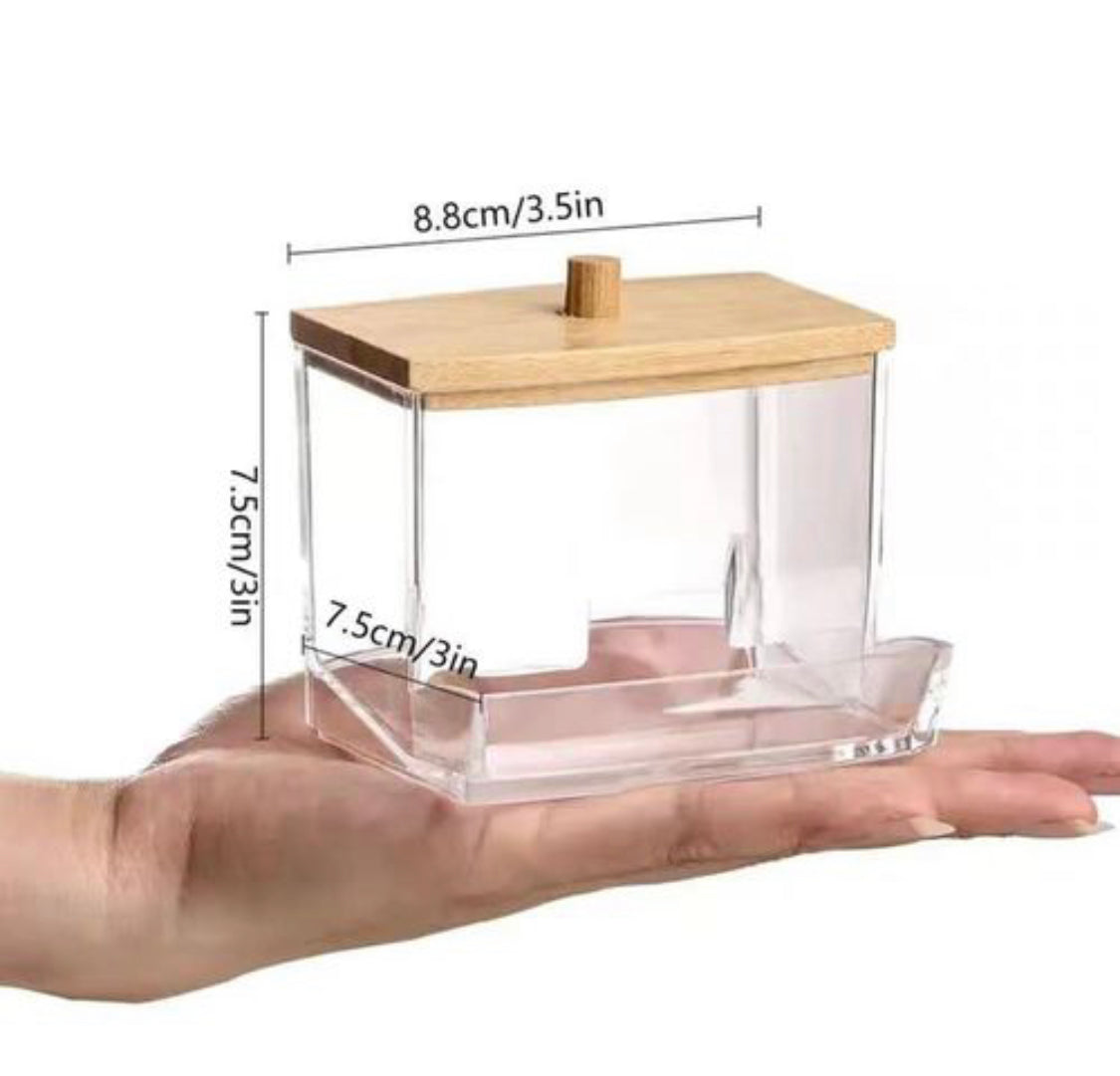 Acrylic Cotton Swab Holder with Bamboo Lid, Transparent Cotton Swab Dispenser, Decorative Cotton Bud Storage Container
