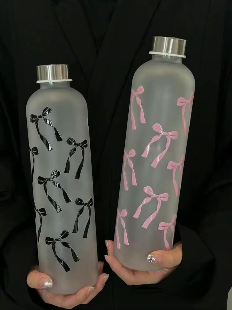 1L Aesthetic Water Bottle With Bow Print, Reusable Water Bottle With Lid, Ribbon Bow Frosted Water Bottle, Multipurpose Water Bottle for Travel